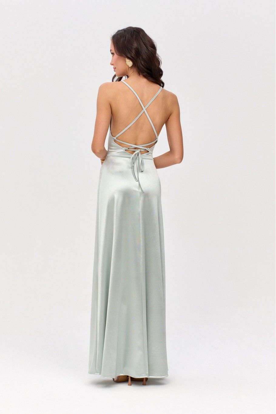 Satiniertes Maxi-Kleid mit Rückenschnürung in Mintgrün