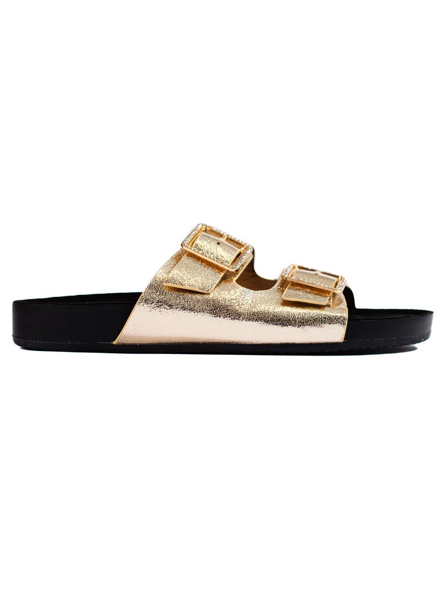 Goldene Slipper mit dekorativen Schnallen