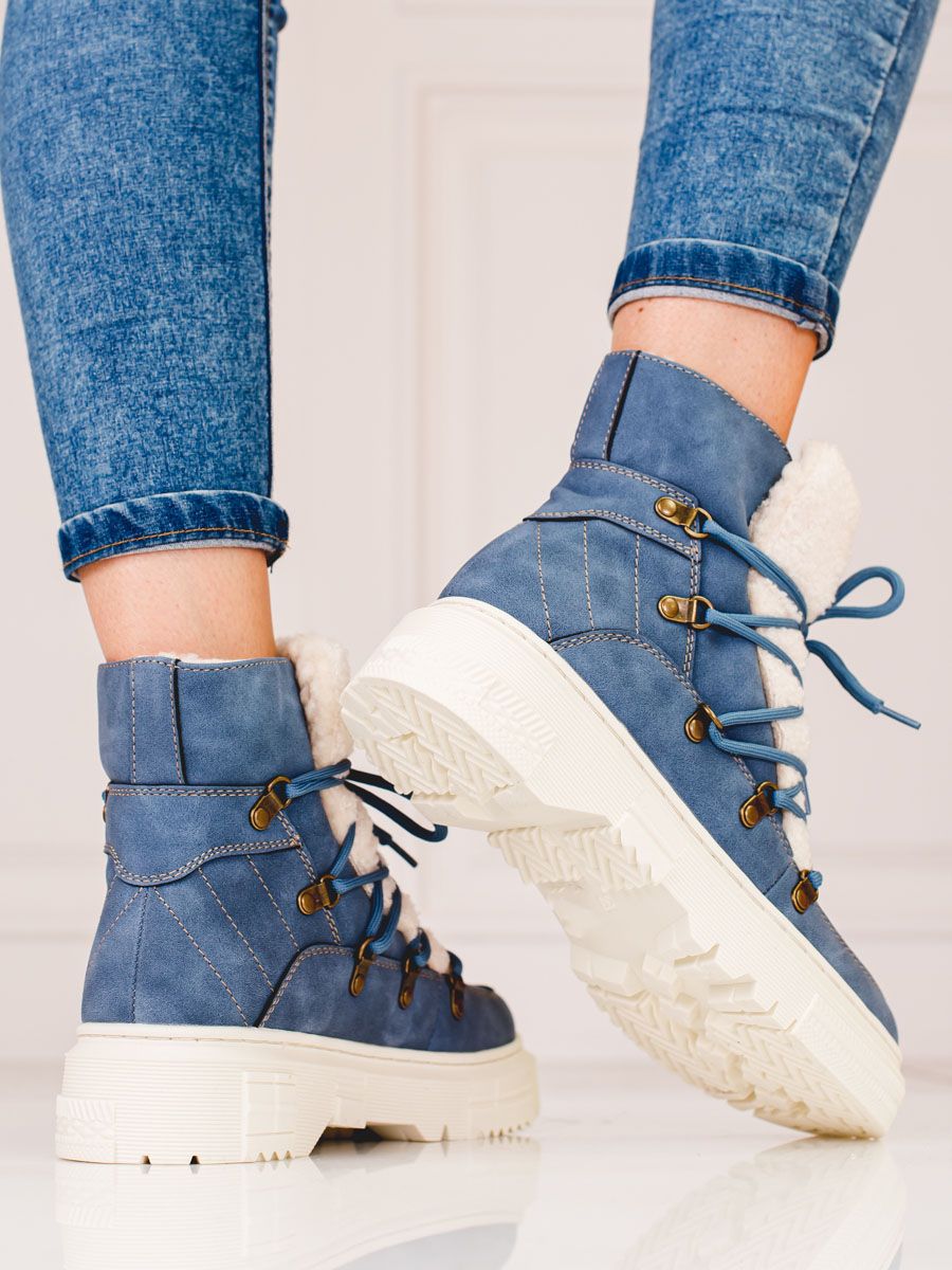 Blaue Damen Schneestiefel mit Lammfell