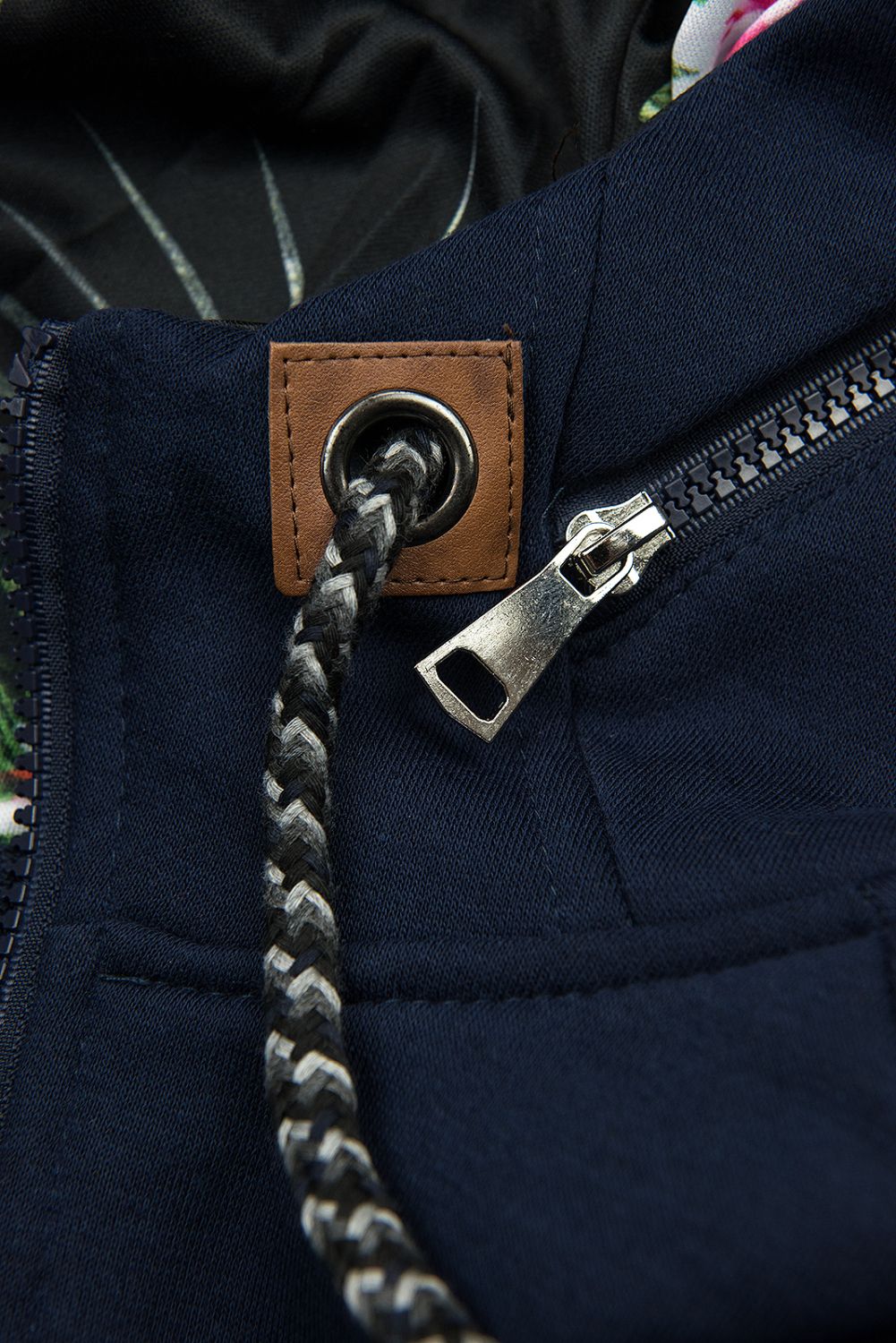 Verlängerte Sweatjacke mit hohem Kragen und Kapuze dunkelblau