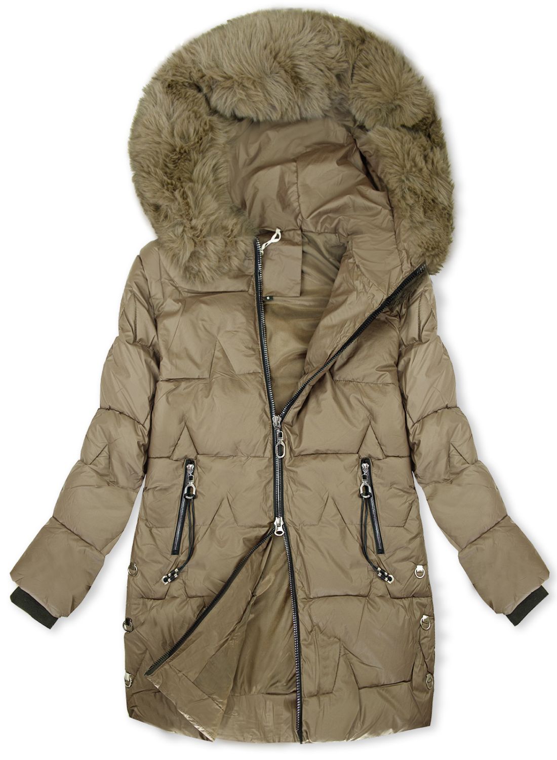 Damen-Steppmantel für den Winter mit abnehmbarem Fell Braun