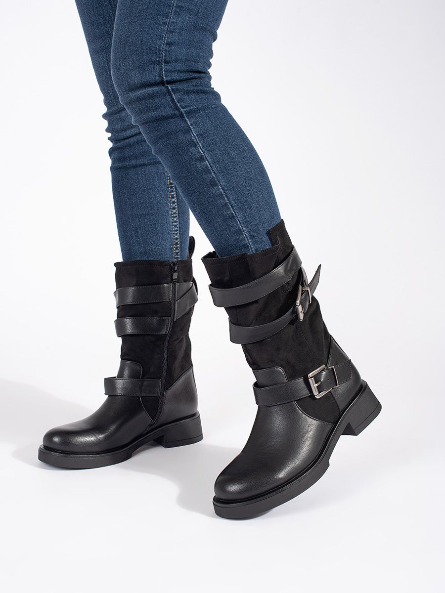 Schwarze Damen Stiefeletten mit niedrigem Absatz und Schnallen