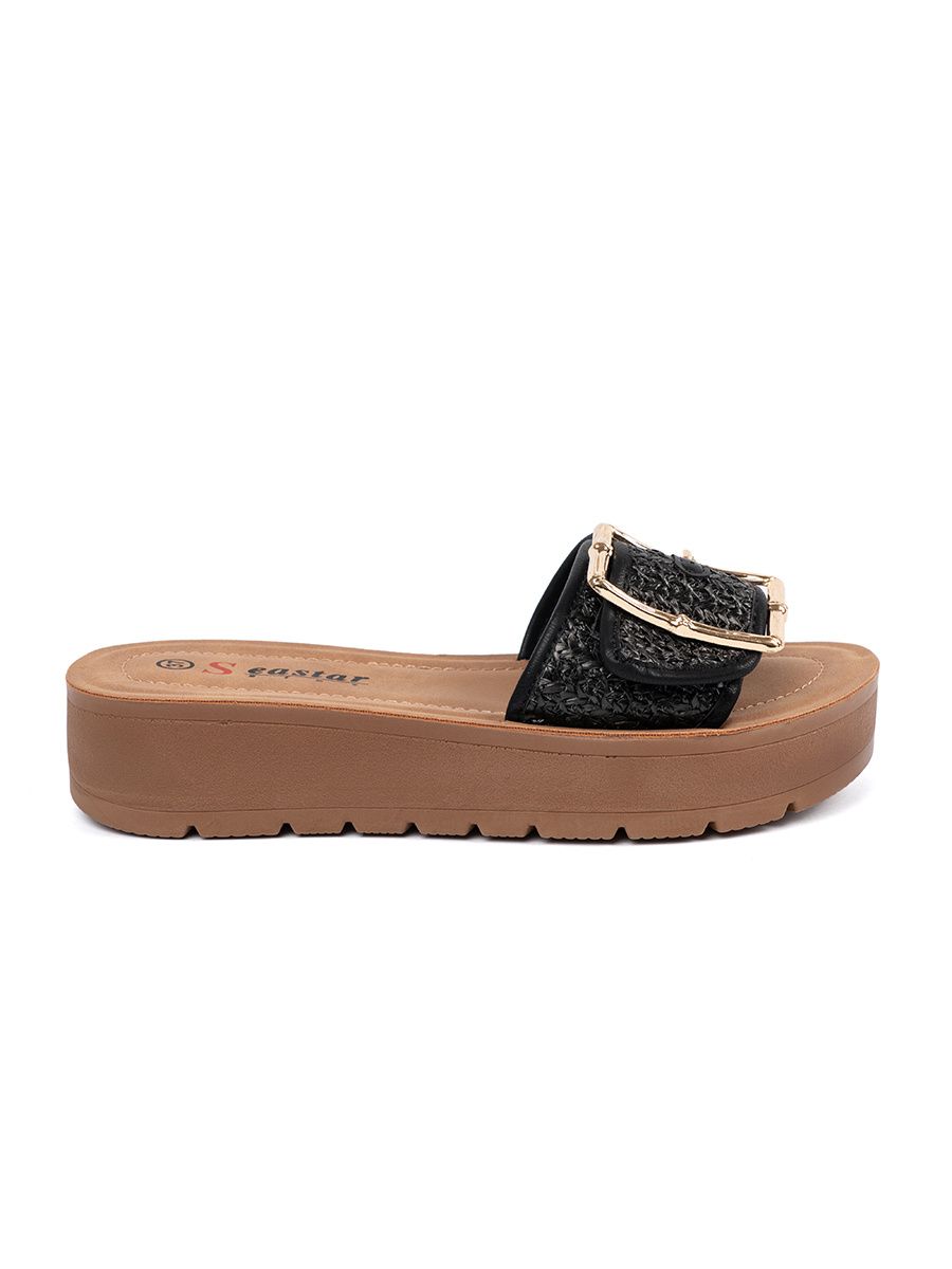 Schwarze Pantoletten mit goldener Schnalle