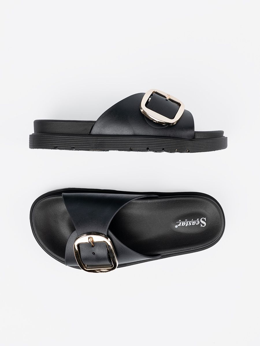 Schwarze Damen-Sandalen mit goldener Schnalle