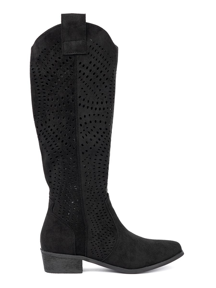 Schwarze durchbrochene Stiefel im Cowboy-Stil