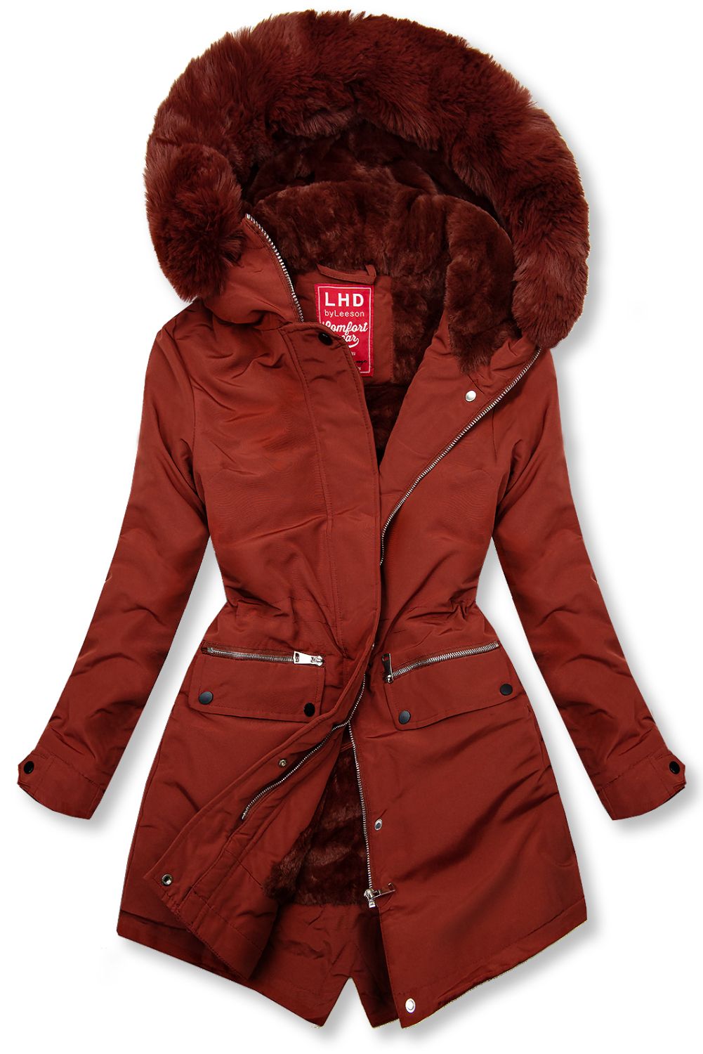 Winterparka mit Fellimitat braunrot
