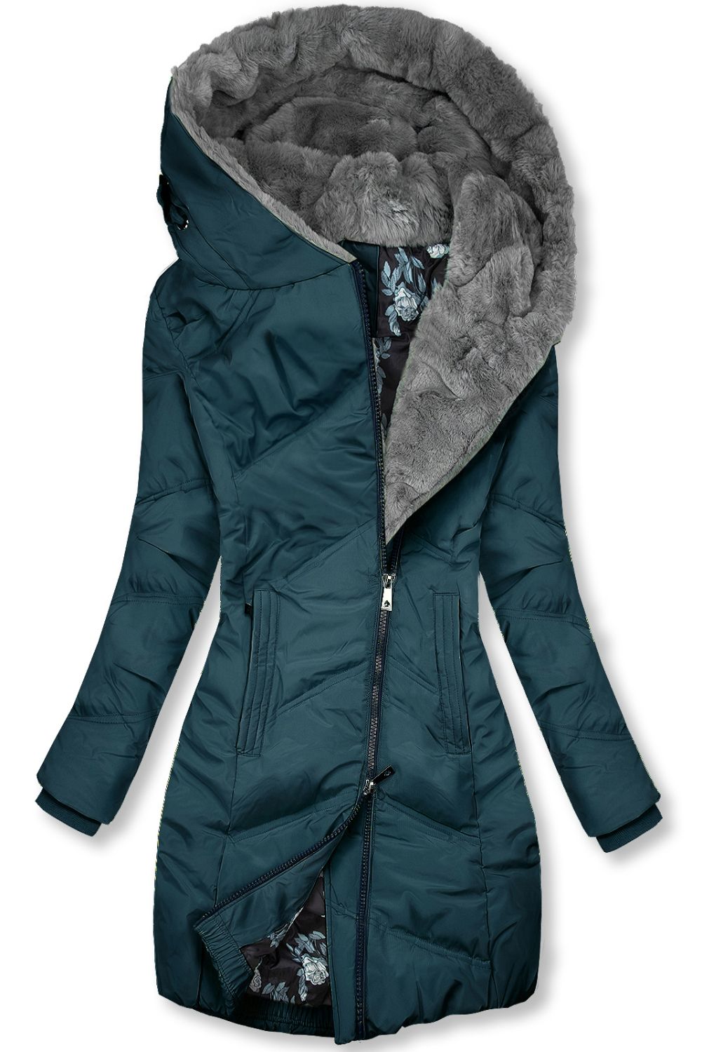 Steppjacke mit Blumenfutter blaugrün