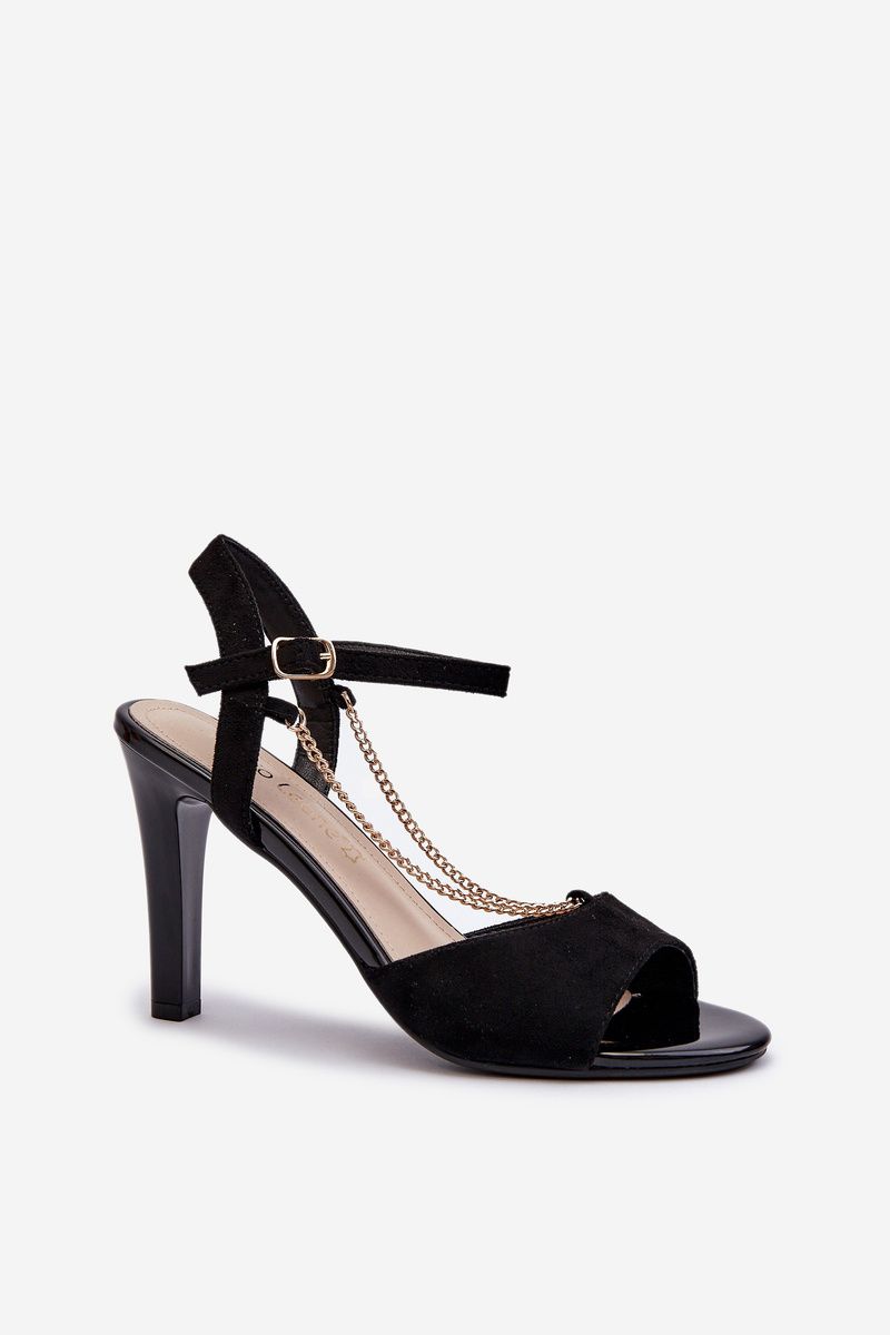 Sandale aus Velourslederimitat mit Kettendetail, Stilettoabsatz, schwarz