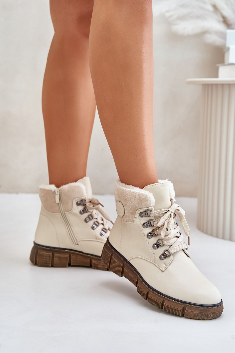 Beige gefütterte Stiefelette mit Plateau
