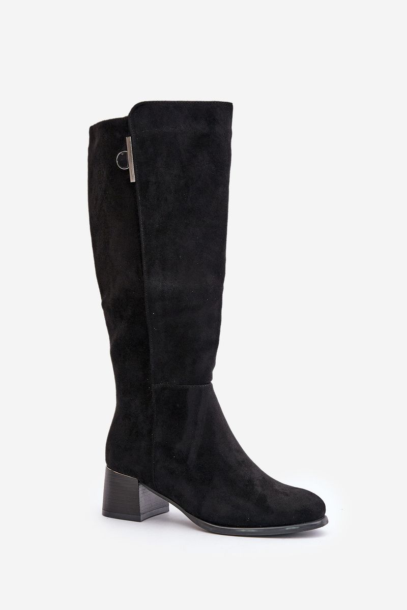 Schwarze Stiefel aus Öko-Veloursleder mit Blockabsatz bis zum Knie