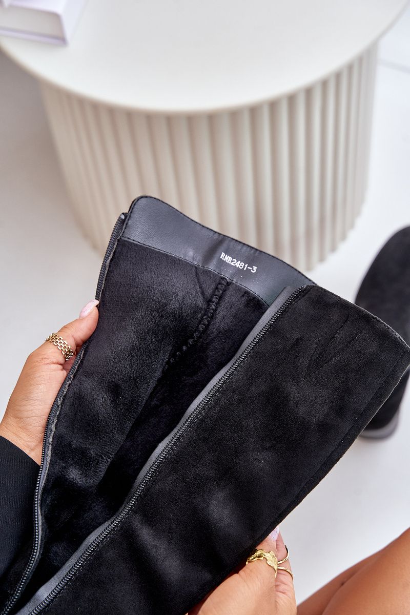 Schwarze Stiefel aus Öko-Veloursleder mit Blockabsatz bis zum Knie