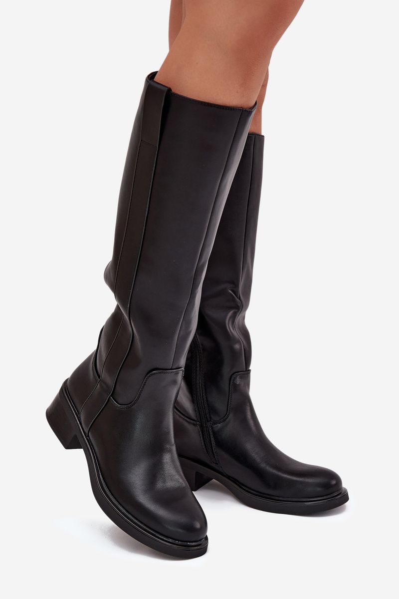 Schwarze Overknee-Stiefel aus Kunstleder mit niedrigem Blockabsatz