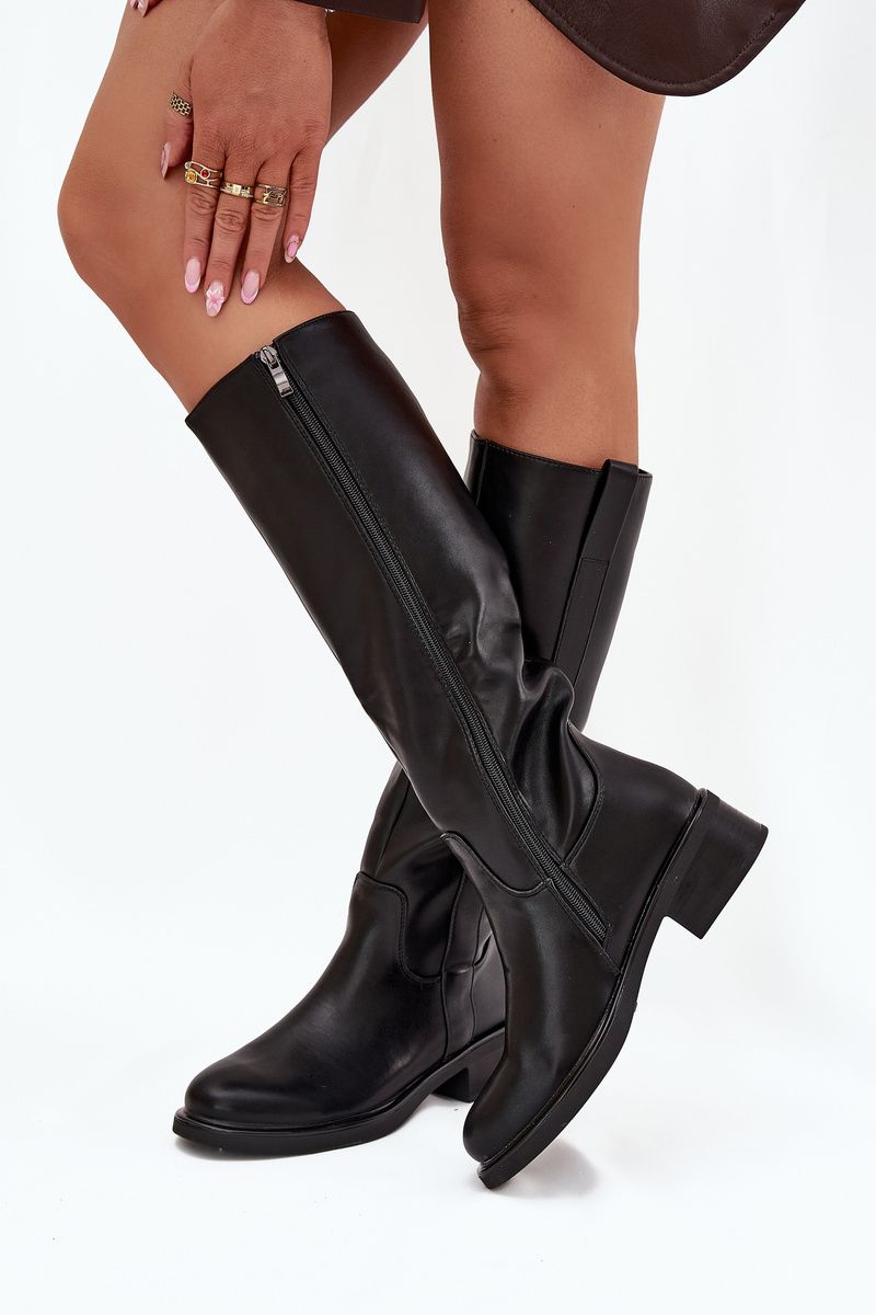Schwarze Overknee-Stiefel aus Kunstleder mit niedrigem Blockabsatz