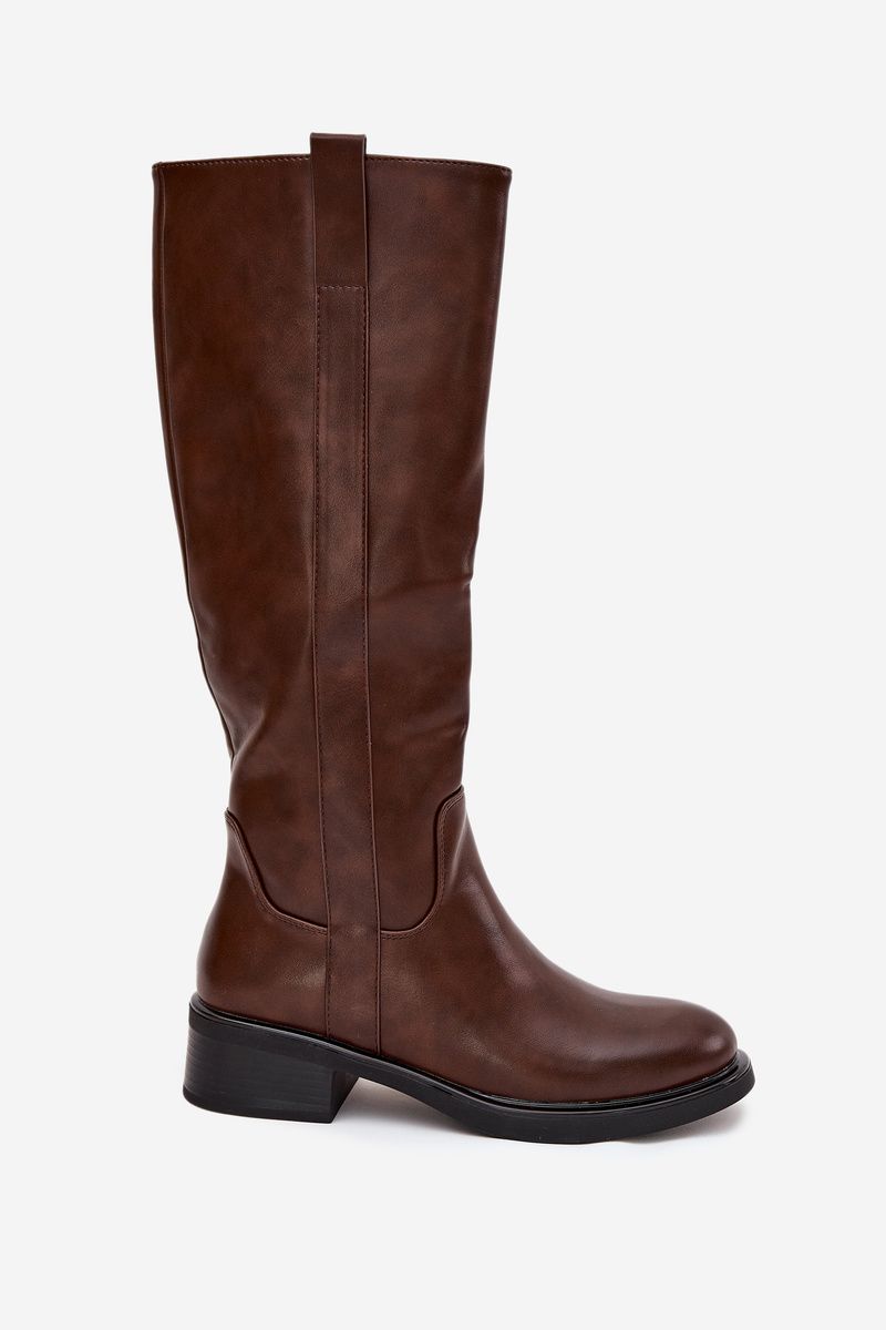 Braune Overknee-Stiefel aus Kunstleder mit niedrigem Blockabsatz
