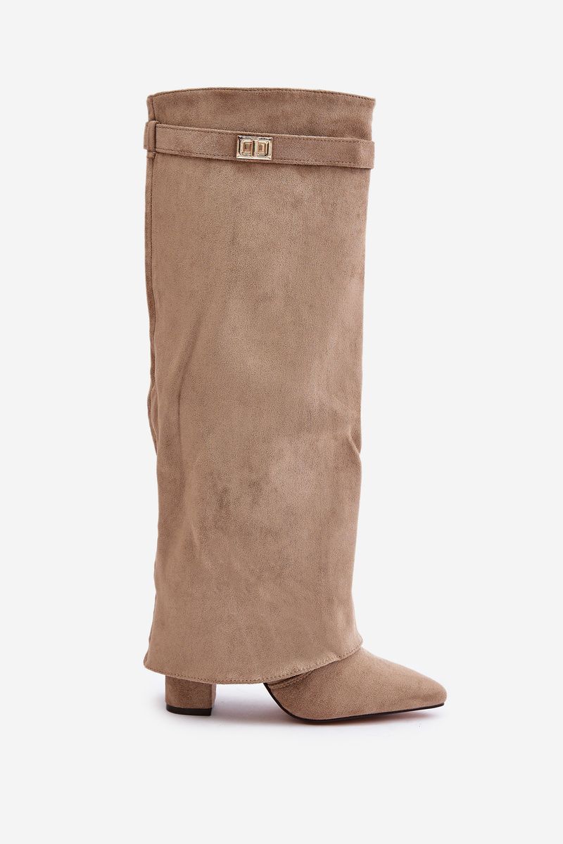 Beige Stiefel mit Blockabsatz und umgeschlagenem Schaft