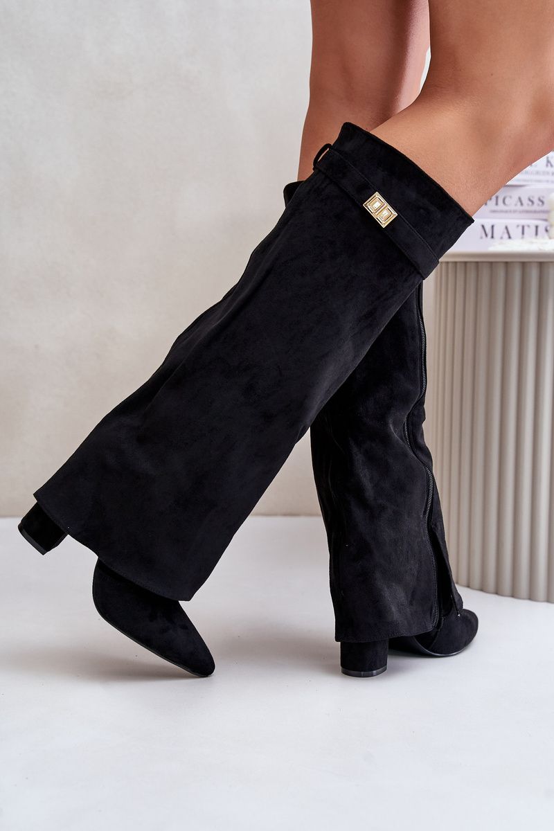 Schwarze Overknee-Stiefel aus Velourslederimitat mit Blockabsatz und umgeschlagenem Schaft
