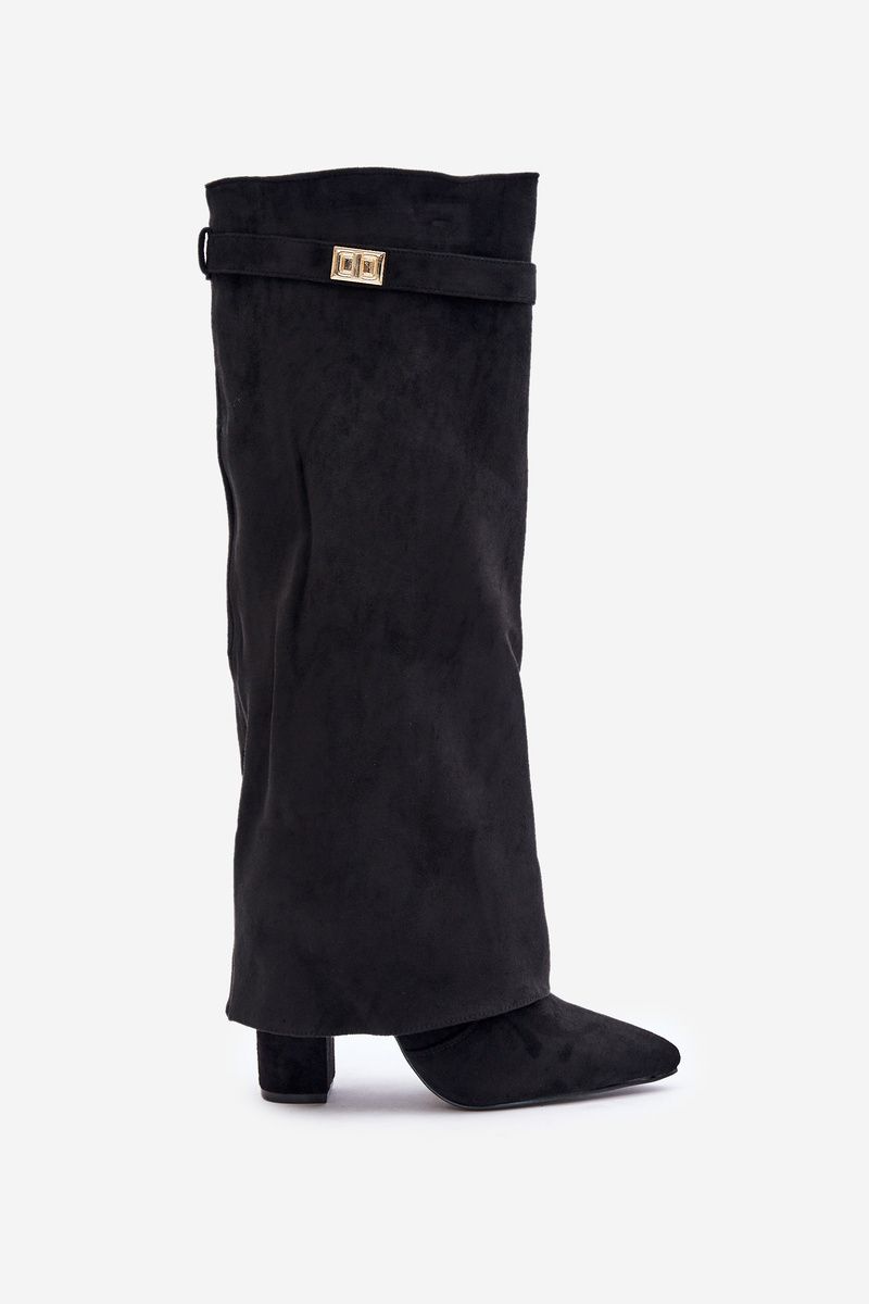 Schwarze Overknee-Stiefel aus Velourslederimitat mit Blockabsatz und umgeschlagenem Schaft