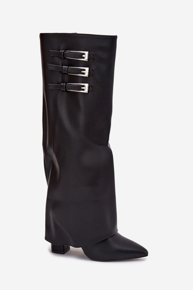 Schwarze Stiefel mit Blockabsatz, umgeschlagenem Schaft und Riemen mit Schnallen