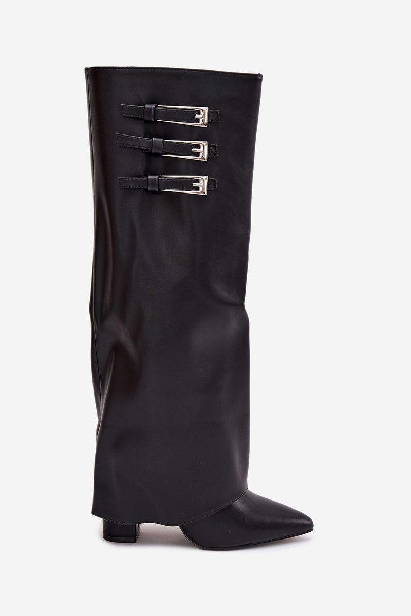 Schwarze Stiefel mit Blockabsatz, umgeschlagenem Schaft und Riemen mit Schnallen