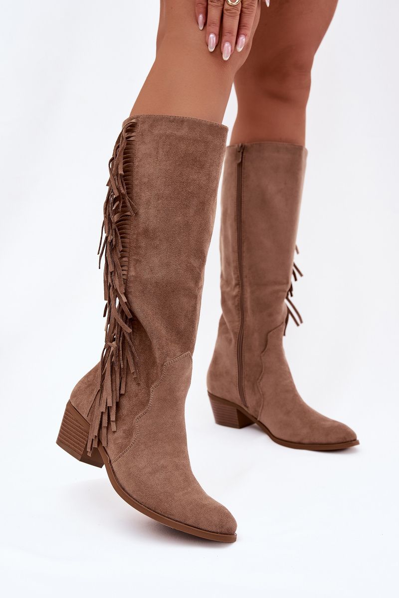Cowboy-Stiefelette aus Velourslederimitat mit Absatz und Fransen, gefüttert, beige