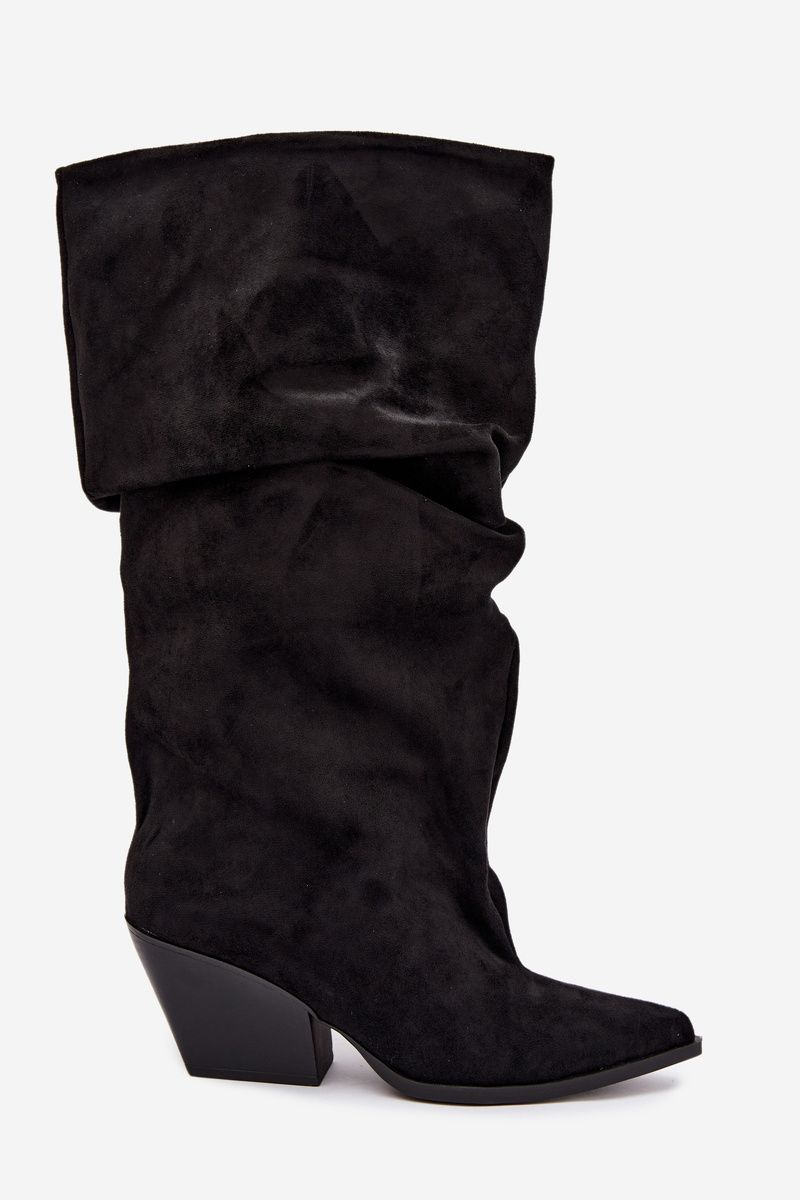 Stiefeletten aus Veloursleder mit gerafftem Schaft und Absatz, schwarz
