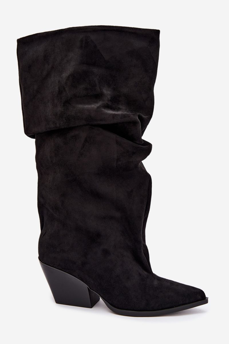 Stiefeletten aus Veloursleder mit gerafftem Schaft und Absatz, schwarz