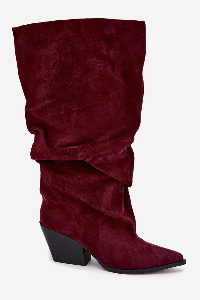 Bordeauxrote Stiefel aus Veloursleder mit gerafftem Schaft und Absatz