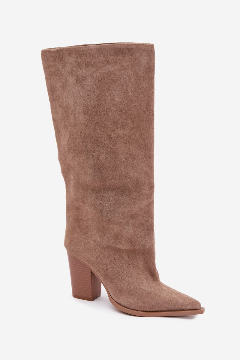 Beige Stiefel aus Veloursleder mit Blockabsatz