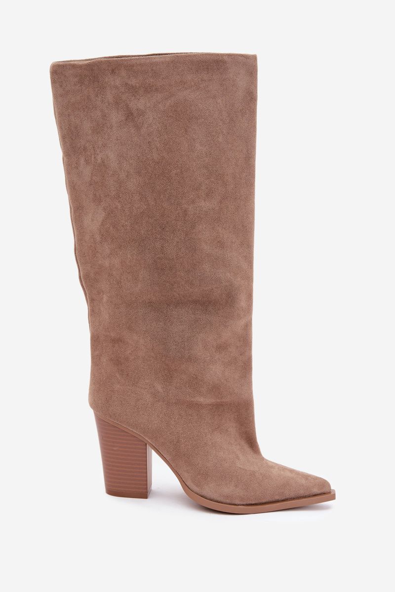 Beige Stiefel aus Veloursleder mit Blockabsatz