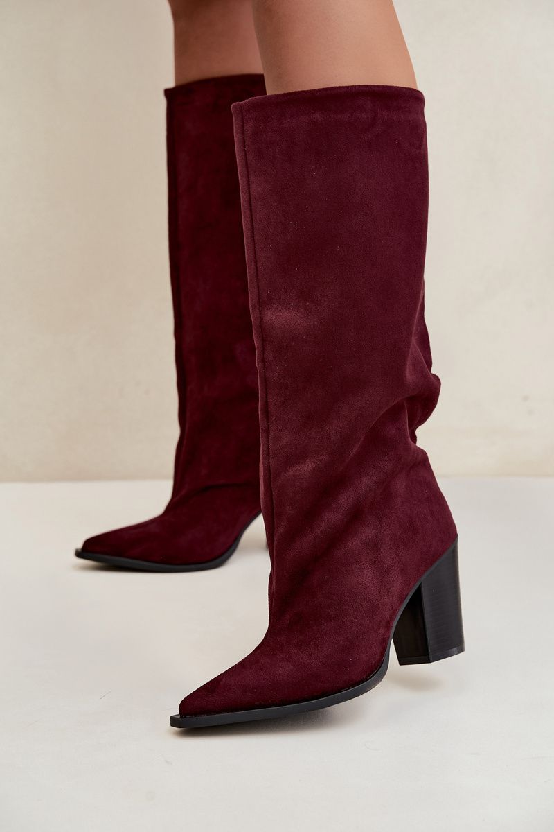 Bordeauxfarbene Overknee-Stiefel aus Veloursleder mit Blockabsatz