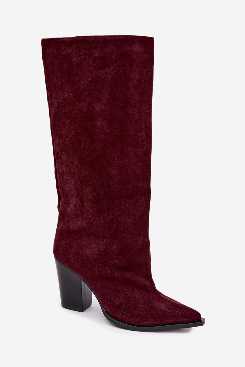 Bordeauxfarbene Overknee-Stiefel aus Veloursleder mit Blockabsatz