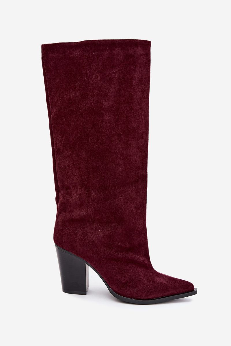 Bordeauxfarbene Overknee-Stiefel aus Veloursleder mit Blockabsatz