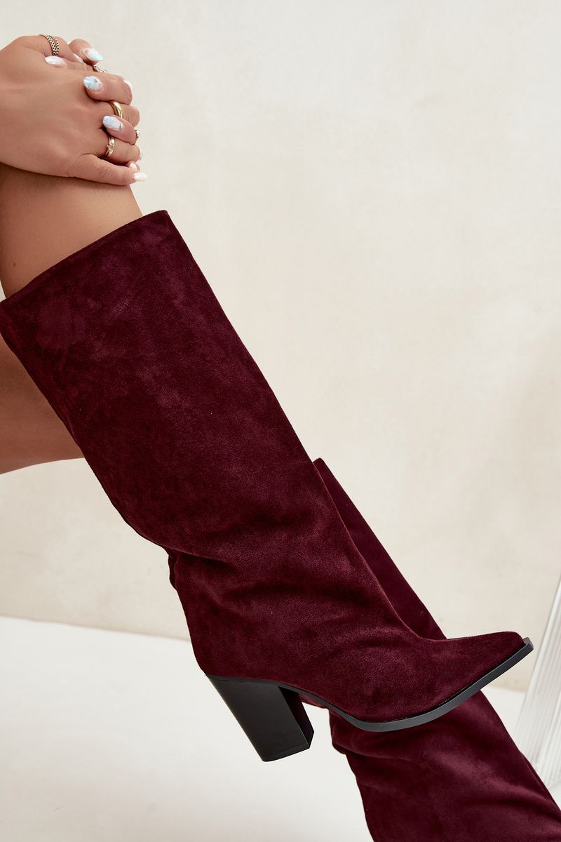 Bordeauxfarbene Overknee-Stiefel aus Veloursleder mit Blockabsatz