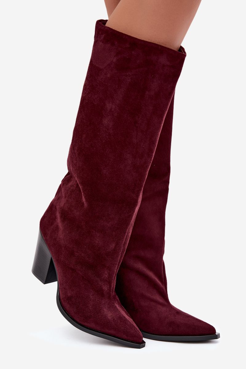 Bordeauxfarbene Overknee-Stiefel aus Veloursleder mit Blockabsatz