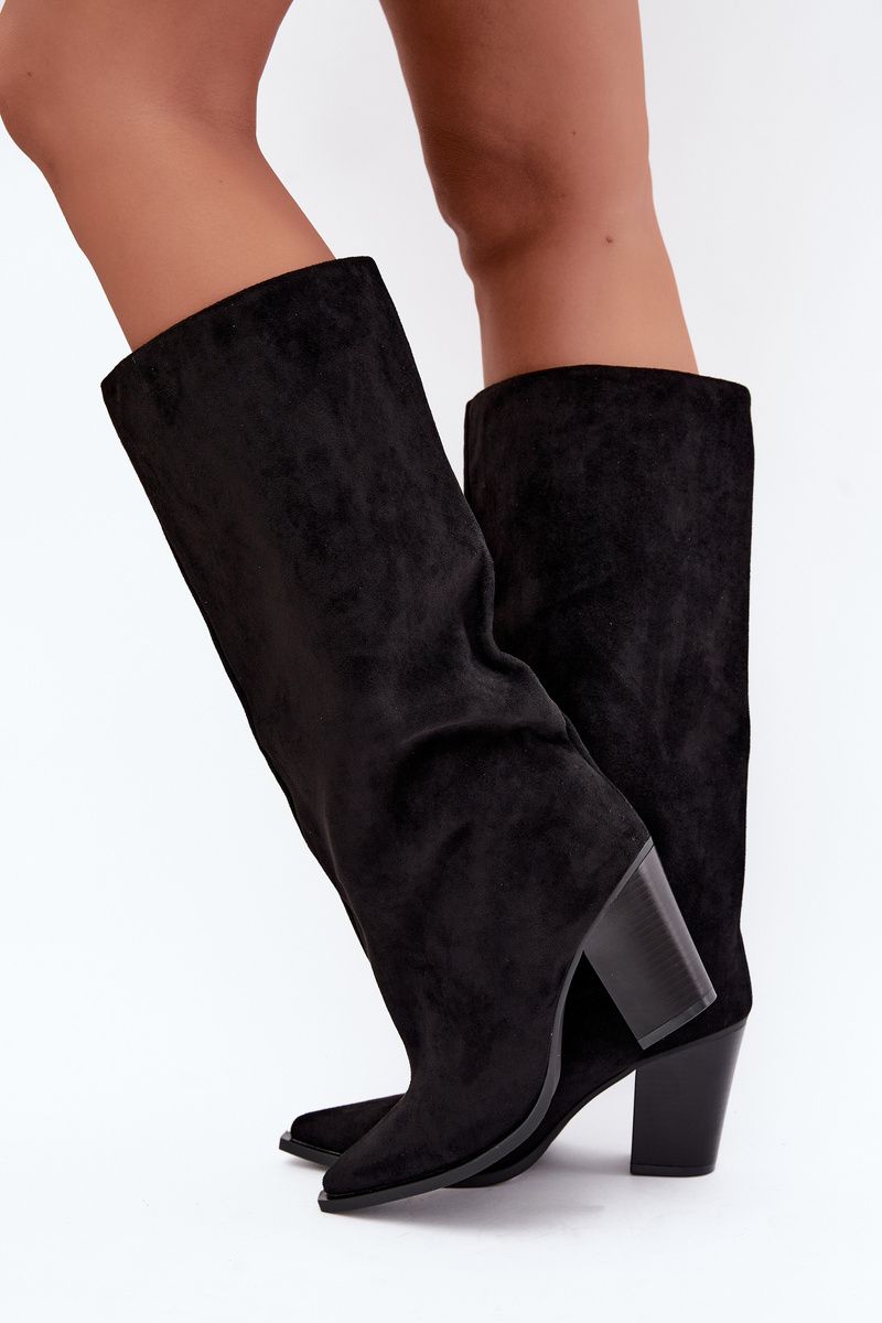 Schwarze Overknee-Stiefel aus Veloursleder mit Blockabsatz
