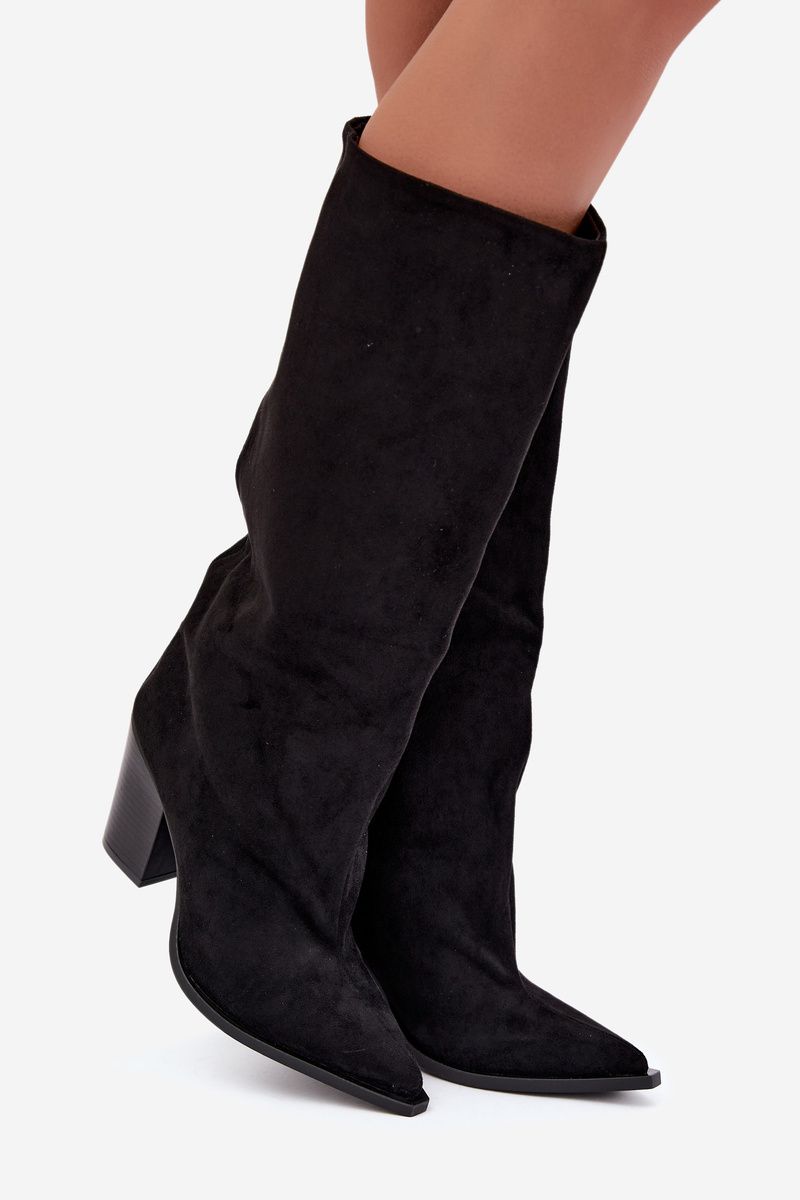 Schwarze Overknee-Stiefel aus Veloursleder mit Blockabsatz