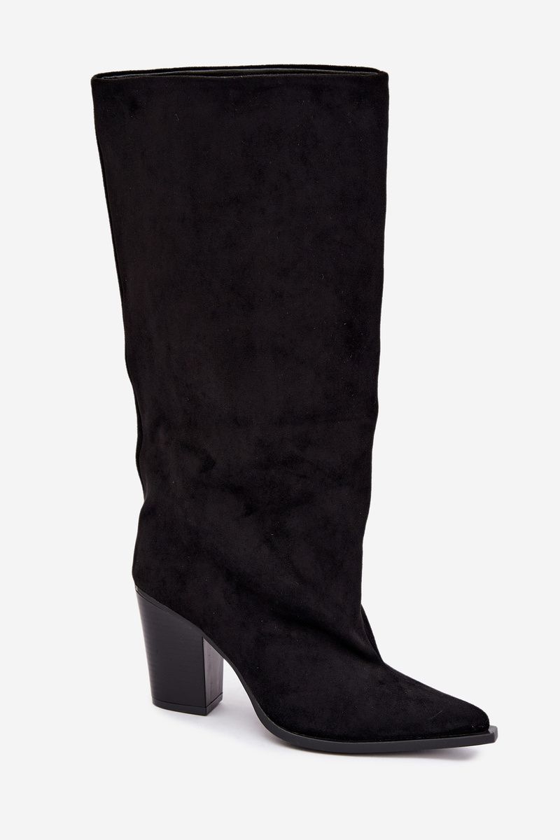 Schwarze Overknee-Stiefel aus Veloursleder mit Blockabsatz