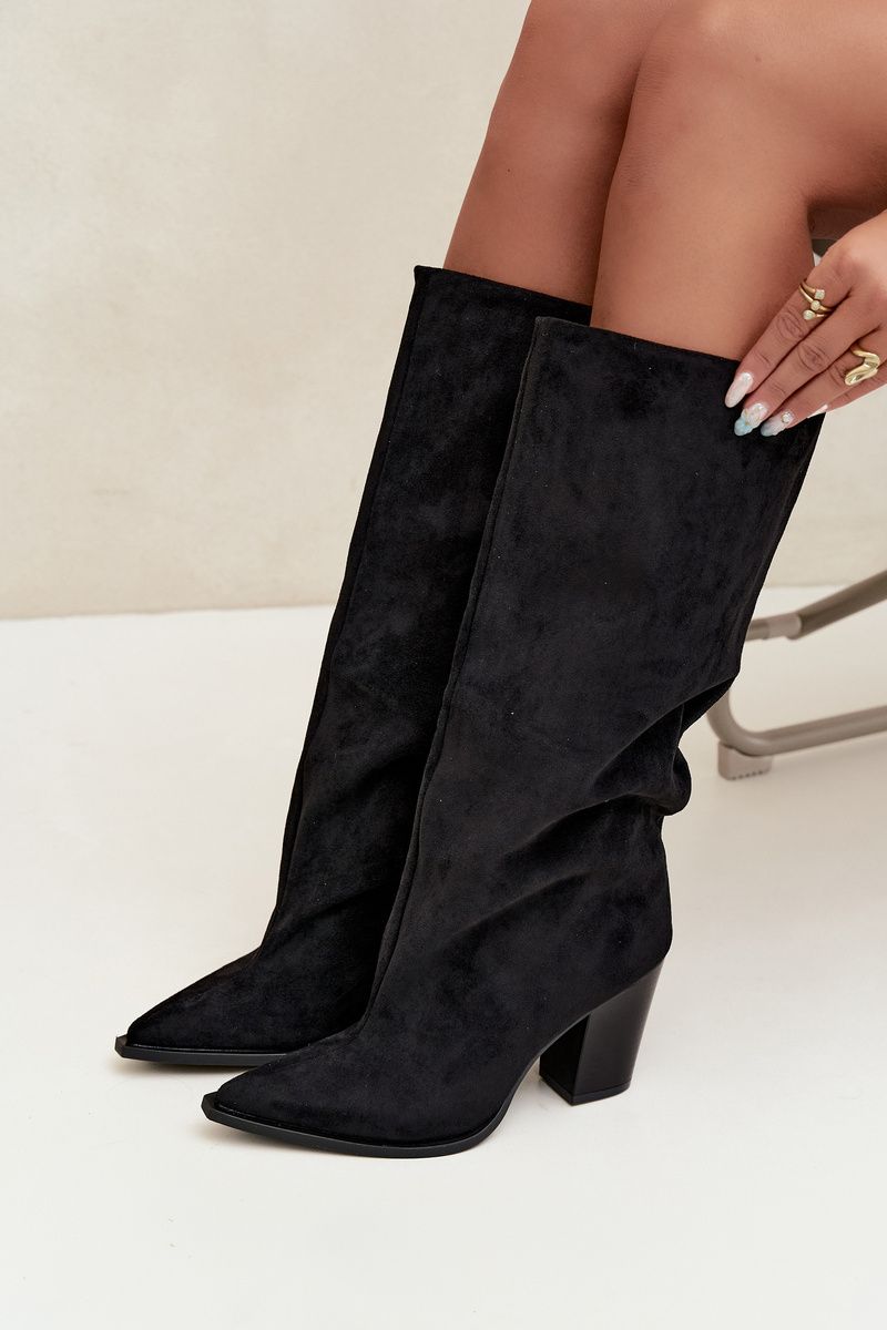 Schwarze Overknee-Stiefel aus Veloursleder mit Blockabsatz