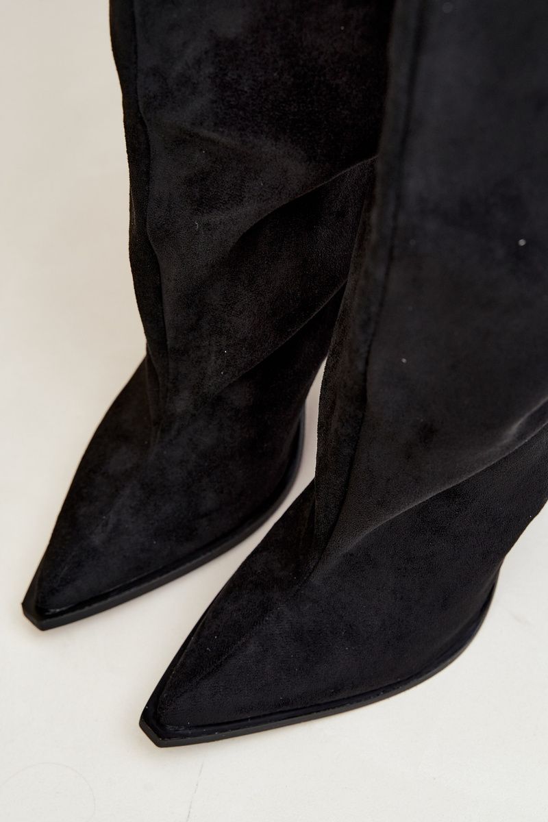 Schwarze Overknee-Stiefel aus Veloursleder mit Blockabsatz
