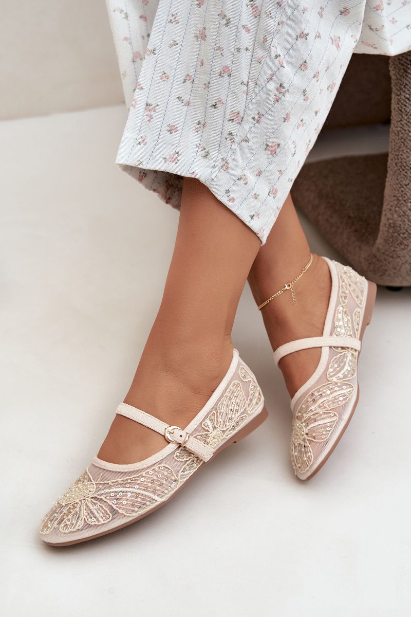 Beige Ballerinas aus Mesh mit Stickerei und Pailletten
