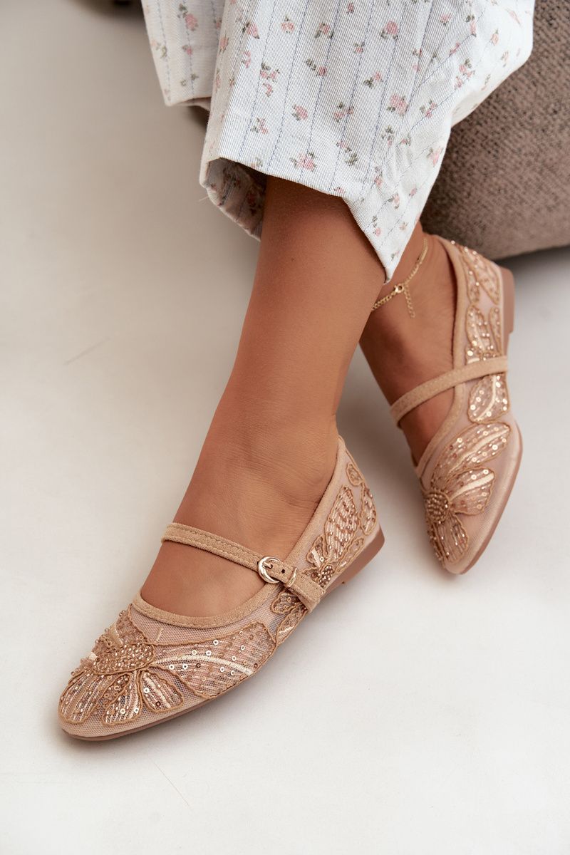 Netz-Ballerina mit Stickerei und Pailletten beige