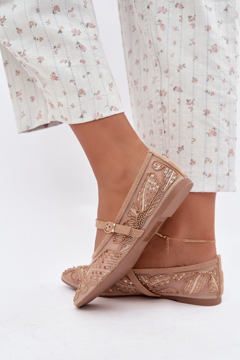 Netz-Ballerina mit Stickerei und Pailletten beige