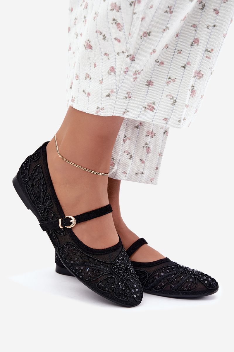 Schwarze Ballerina mit Mesh, Stickerei und Pailletten