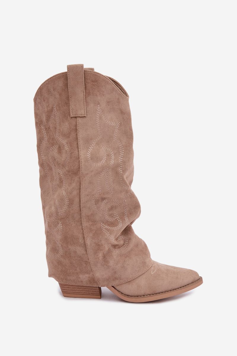 Beige Western-Stiefelette mit umgeschlagenem Schaft und Blockabsatz
