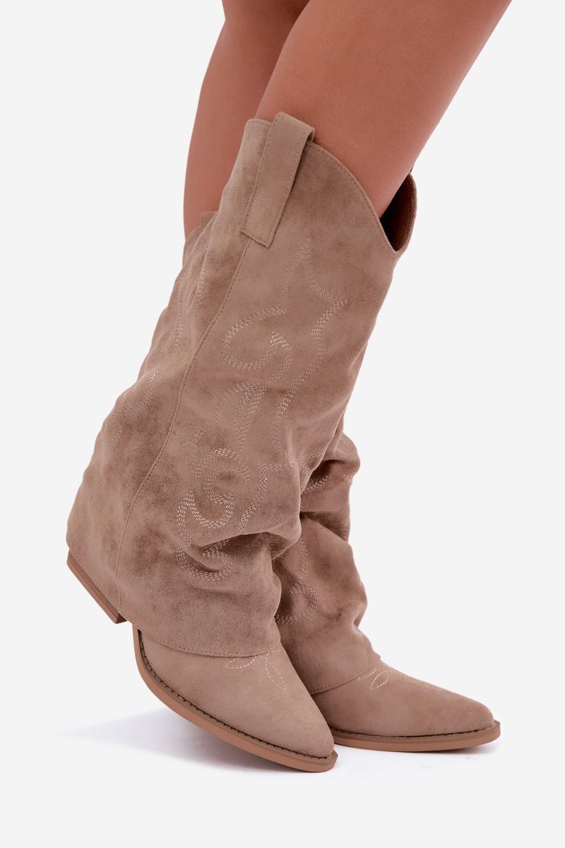 Beige Western-Stiefelette mit umgeschlagenem Schaft und Blockabsatz