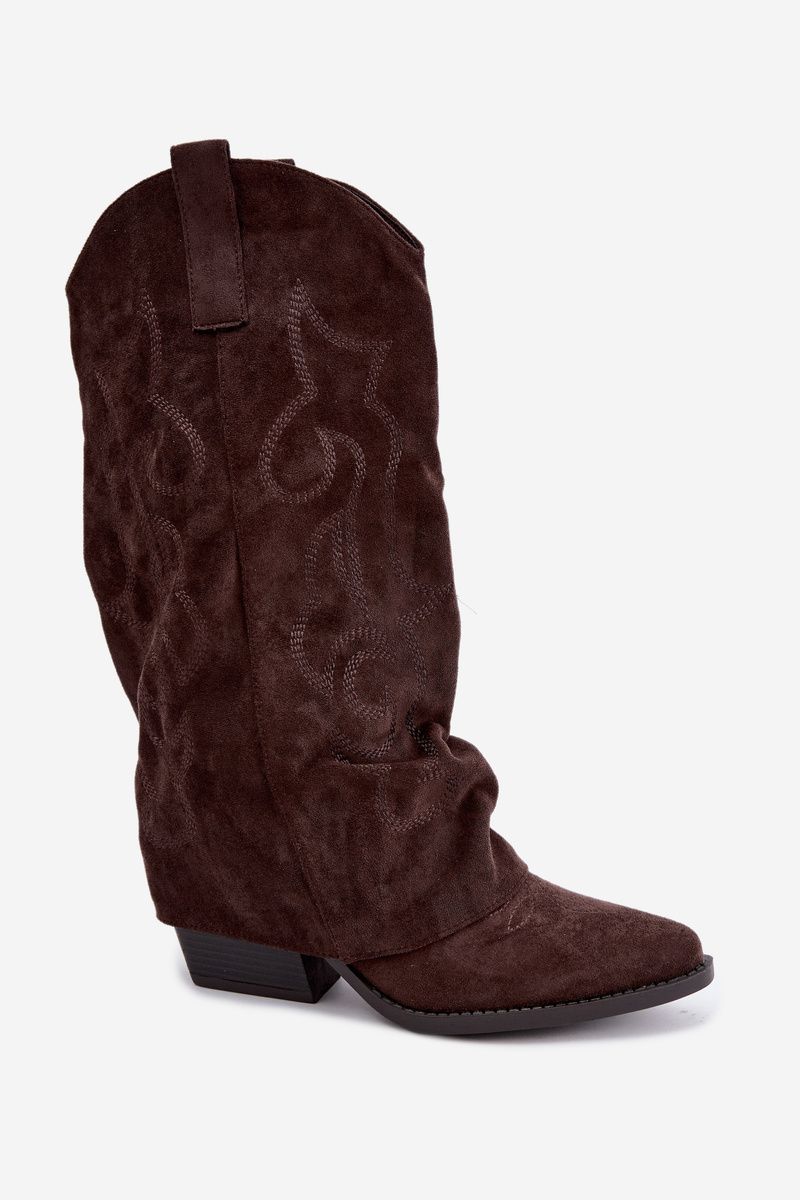 Braune Cowboy-Stiefel aus Velourslederimitat mit umgeschlagenem Schaft und Blockabsatz