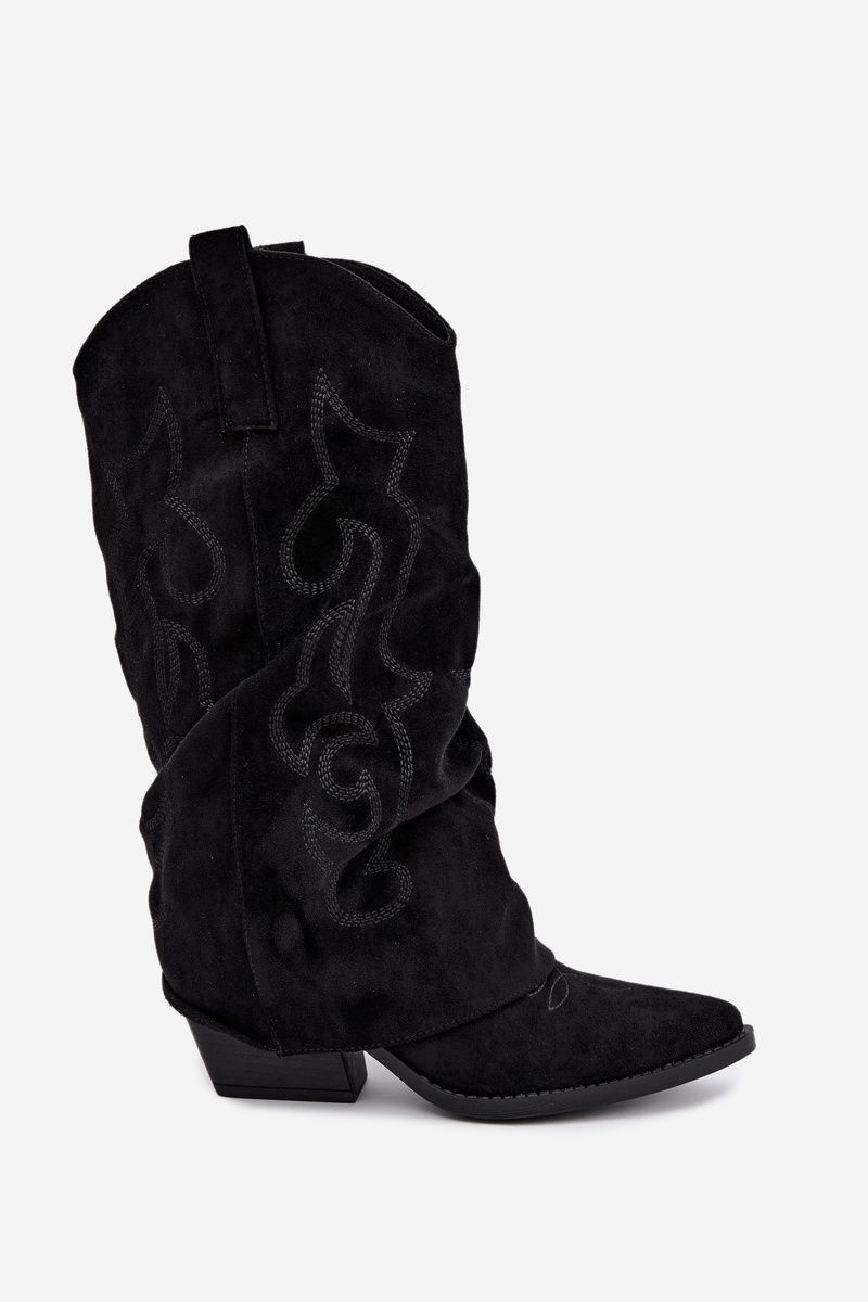 Schwarze Cowboy-Stiefelette aus Velourslederimitat mit umgeschlagenem Schaft und Blockabsatz