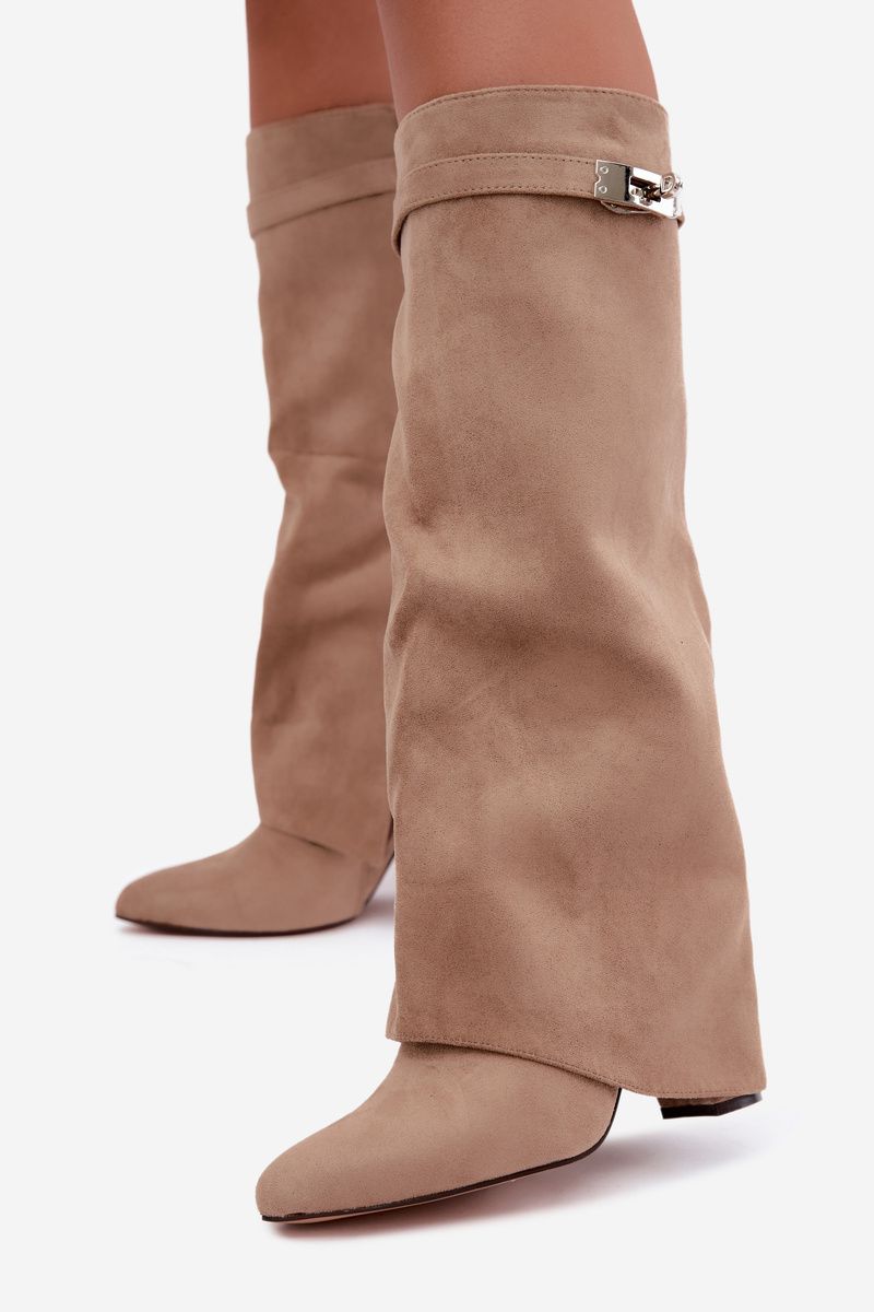 Beige gefütterte Stiefelette mit umgeschlagenem Schaft und Blockabsatz