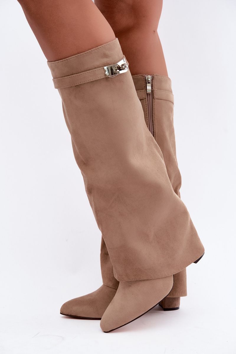 Beige gefütterte Stiefelette mit umgeschlagenem Schaft und Blockabsatz