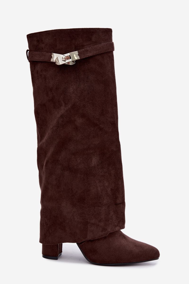 Gefütterte Damenstiefel mit umgeschlagenem Schaft und Blockabsatz, braun